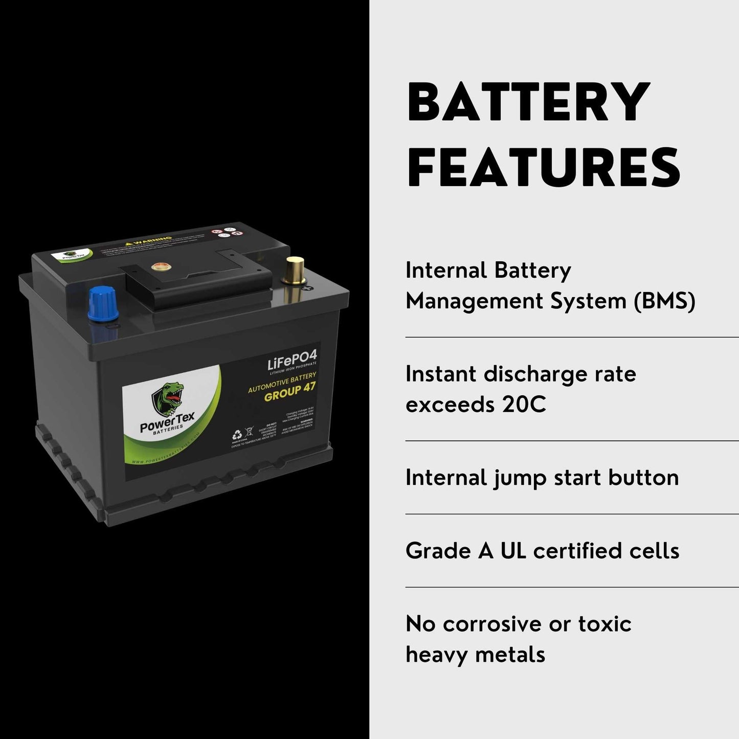 PowerTex 2019 Toyota Camry, Solara Car Battery BCI Group 47 H5 Lithium LiFePO4 Replacement Automotive Battery - PTLG47-511