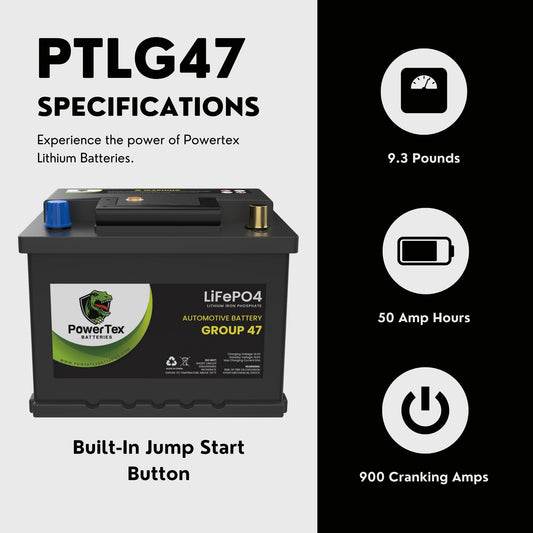 PowerTex 2009 Mini Cooper Car Battery BCI Group 47 H5 Lithium LiFePO4 Replacement Automotive Battery - PTLG47-460