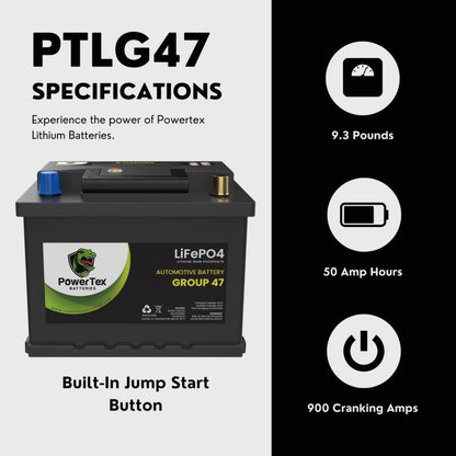 PowerTex 2022 Lexus RX450h V6 3.5LReplacement Car Battery BCI Group 47 Lithium LiFePO4 Automotive Powertex Battery - PTLG47-039
