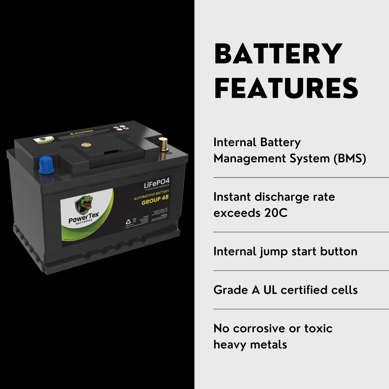2023 Jeep Wrangler V6 3.6L Replacement Car Battery BCI Group 48 Lithium LiFePO4 Automotive Powertex Battery