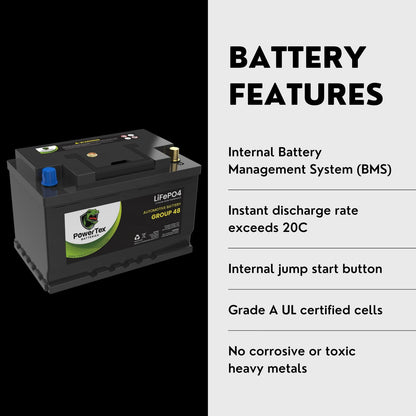 PowerTex 2022 Lexus LS500h V6 3.5L Replacement Car Battery BCI Group 48 Lithium LiFePO4 Automotive Powertex Battery - PTLG48-0412