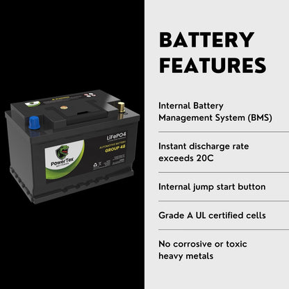 PowerTex 2021 Volkswagen Tiguan L4 2.0L Replacement Car Battery BCI Group 48 Lithium LiFePO4 Automotive Powertex Battery - PTLG48-0531
