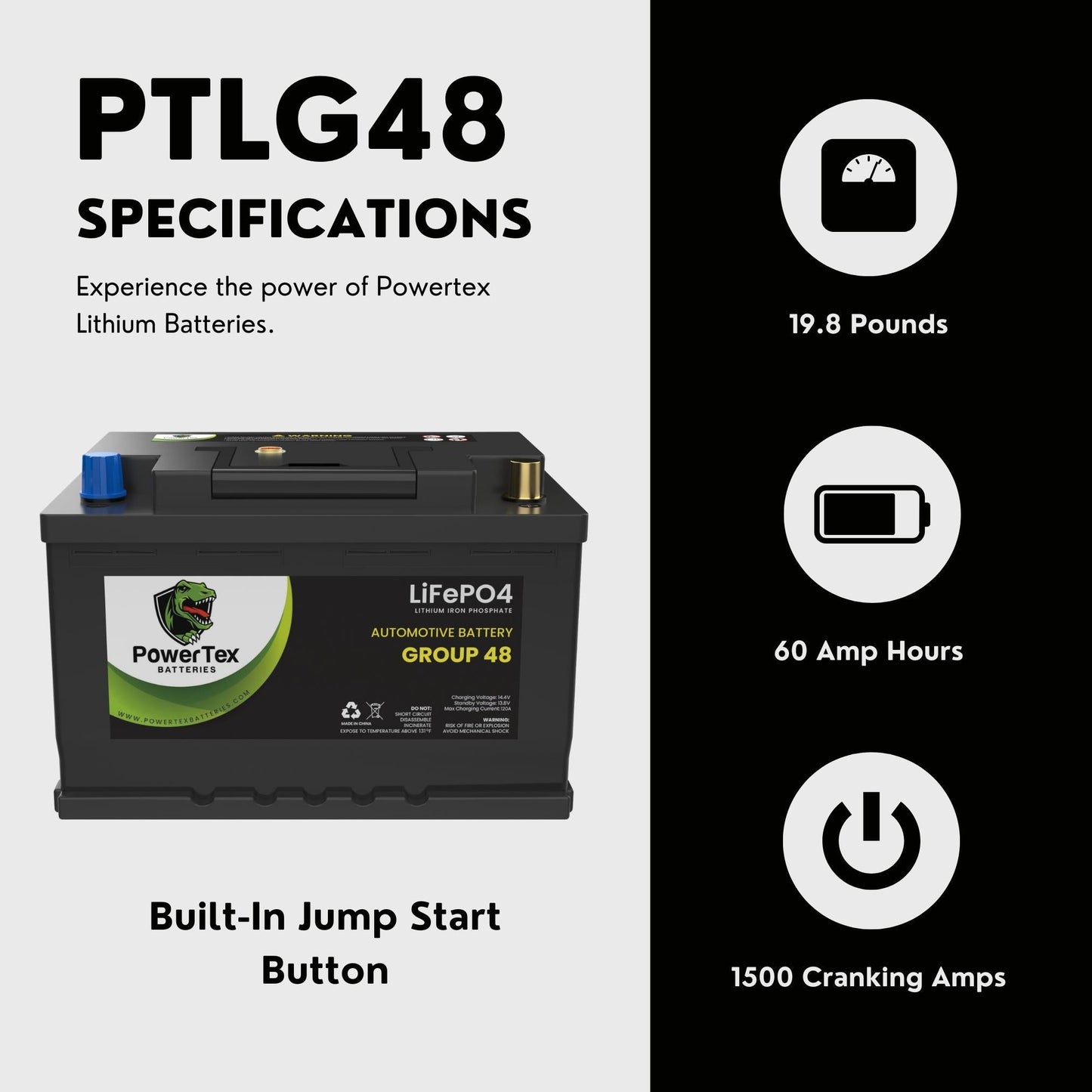 PowerTex 2015 Mercedes-Benz S65 AMG Car Battery BCI Group 48 / H6 Lithium LiFePO4 Replacement Automotive Battery - PTLG48-1327