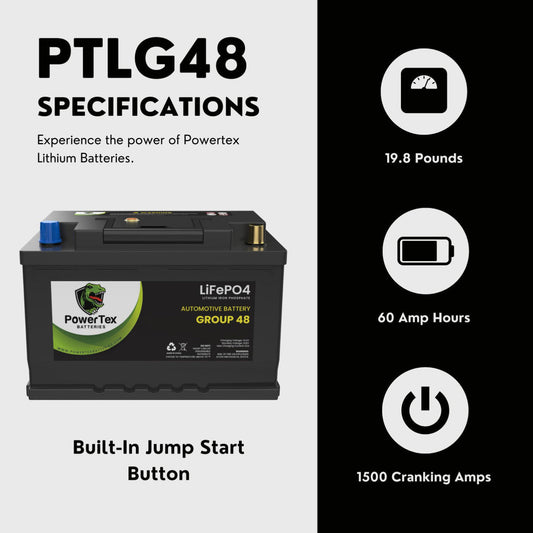 PowerTex 2023 Lexus NX350 L4 2.4L Replacement Car Battery BCI Group 48 Lithium LiFePO4 Automotive Powertex Battery - PTLG48-0407