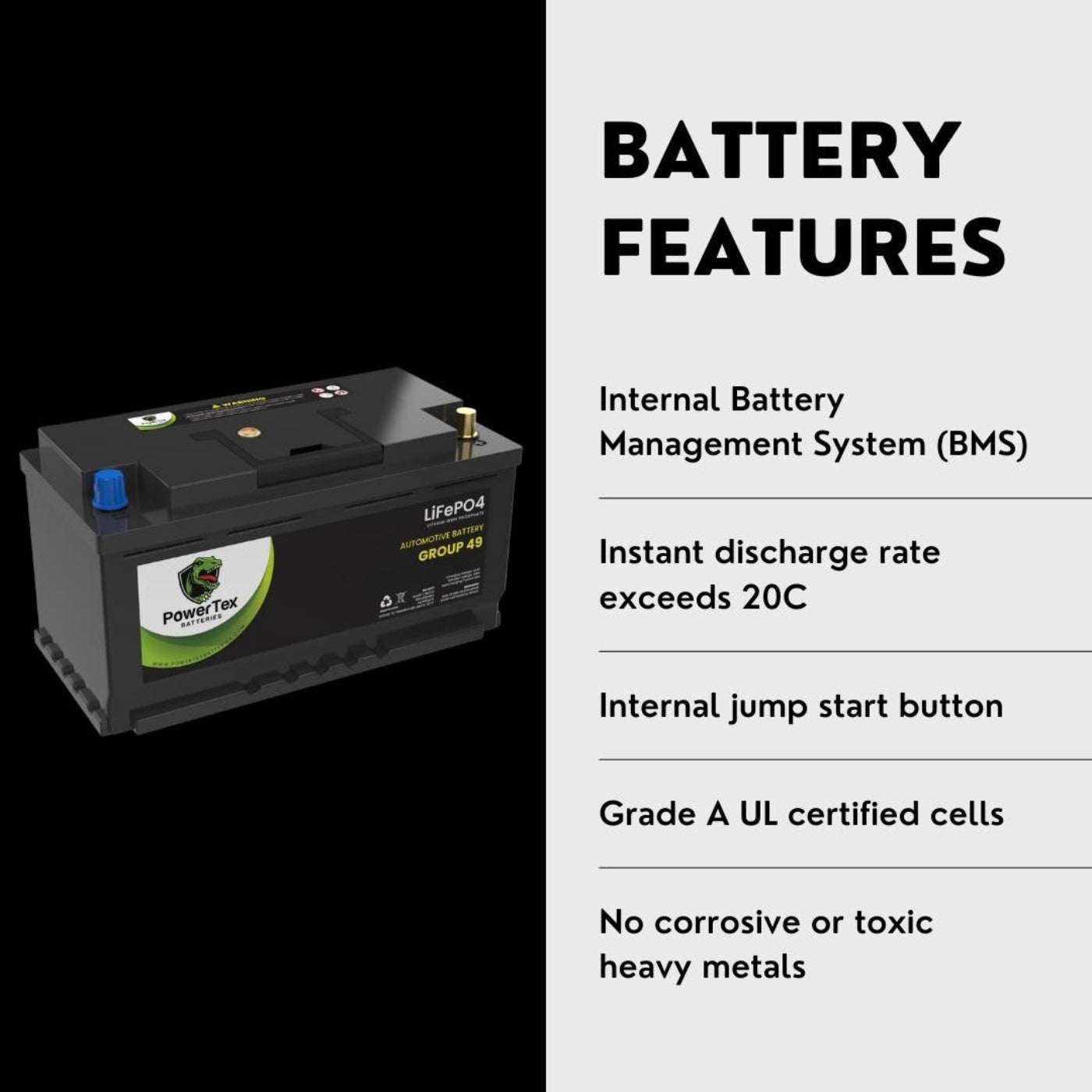 PowerTex 2021 Audi TTS Quattro Car Battery BCI Group 49 / H8 Replacement Lithium LiFePO4 Automotive Battery - PTLG49-96