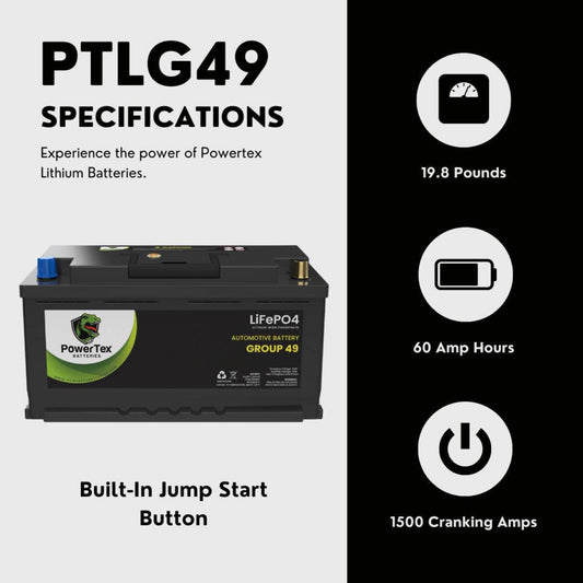 PowerTex 2010 Mercedes-Benz C63 AMG Car Battery BCI Group 49 / H8 Replacement Lithium LiFePO4 Automotive Battery - PTLG49-1426