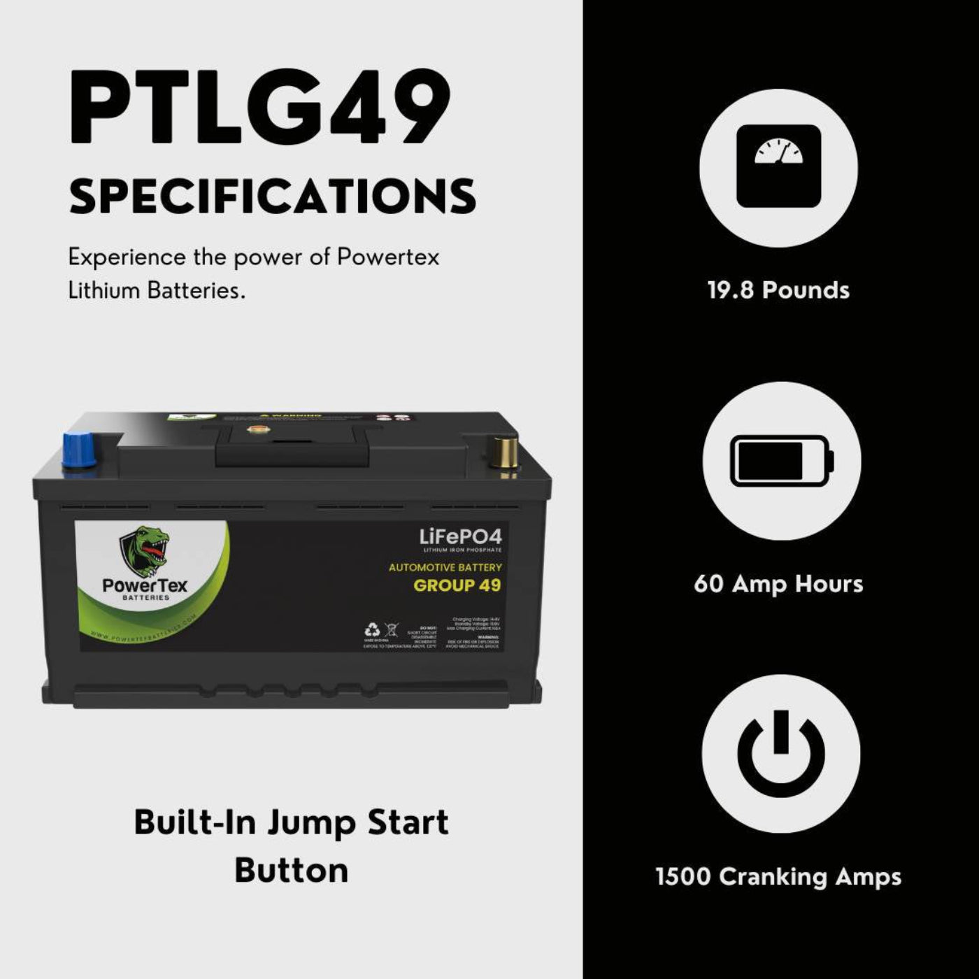 2022 Jeep Wagoneer V8 5.7LReplacement Car Battery BCI Group 49 Lithium LiFePO4 Automotive Powertex Battery - PTLG49-0111