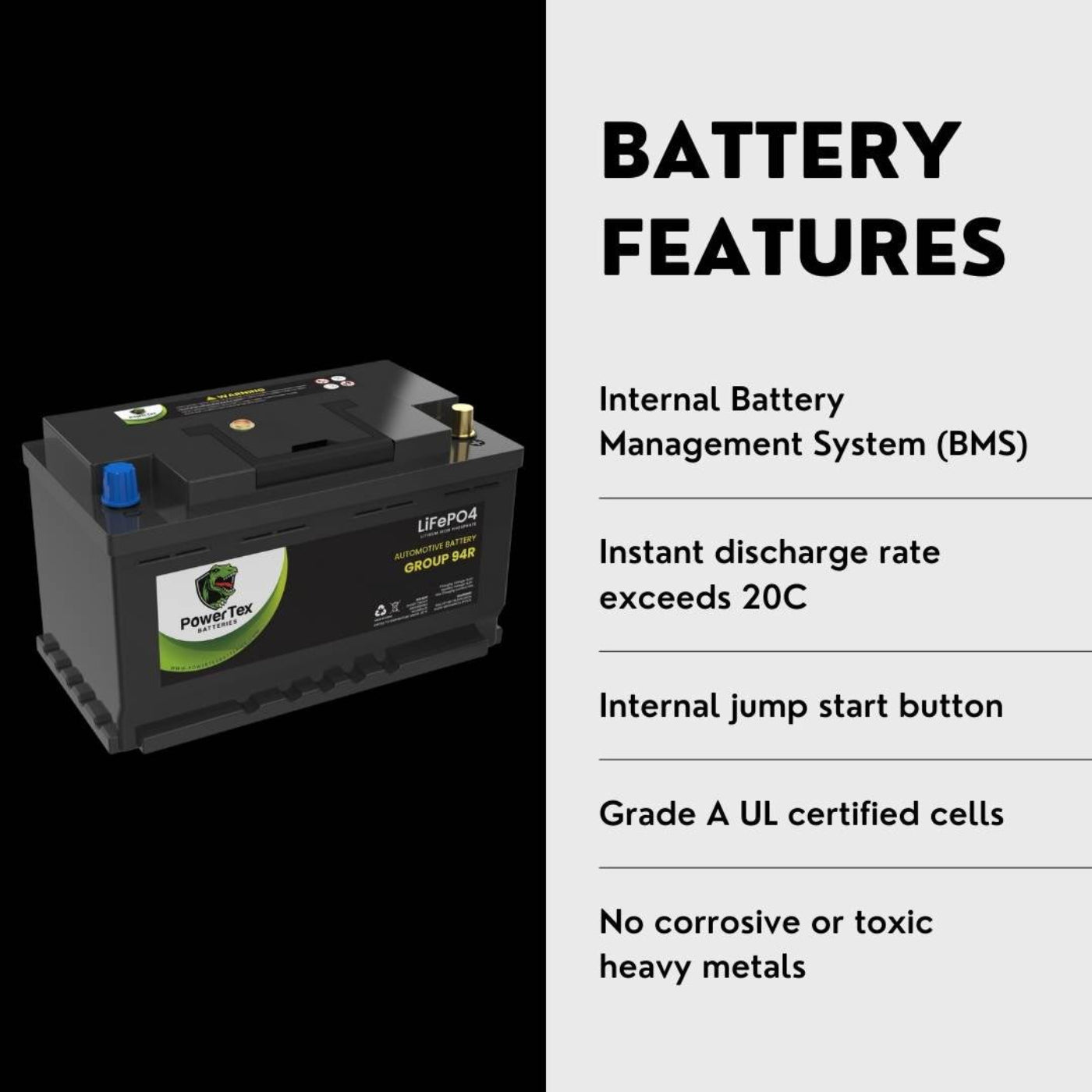 PowerTex 2005 BMW 525i Car Battery BCI Group 94R / H7 Lithium LiFePO4 Automotive Battery - PTLG94R-536