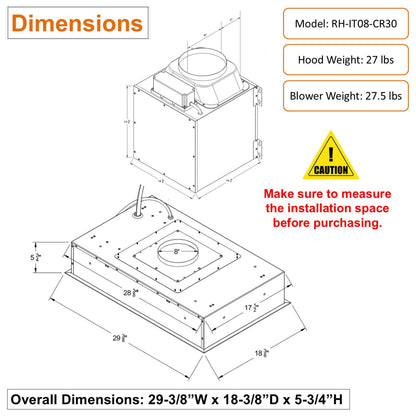 AWOCO  RH-IT08-CR Ceiling Mount Range Hood  Split Insert - 1000 CFM & 8" Vent - RH-IT08-CR30