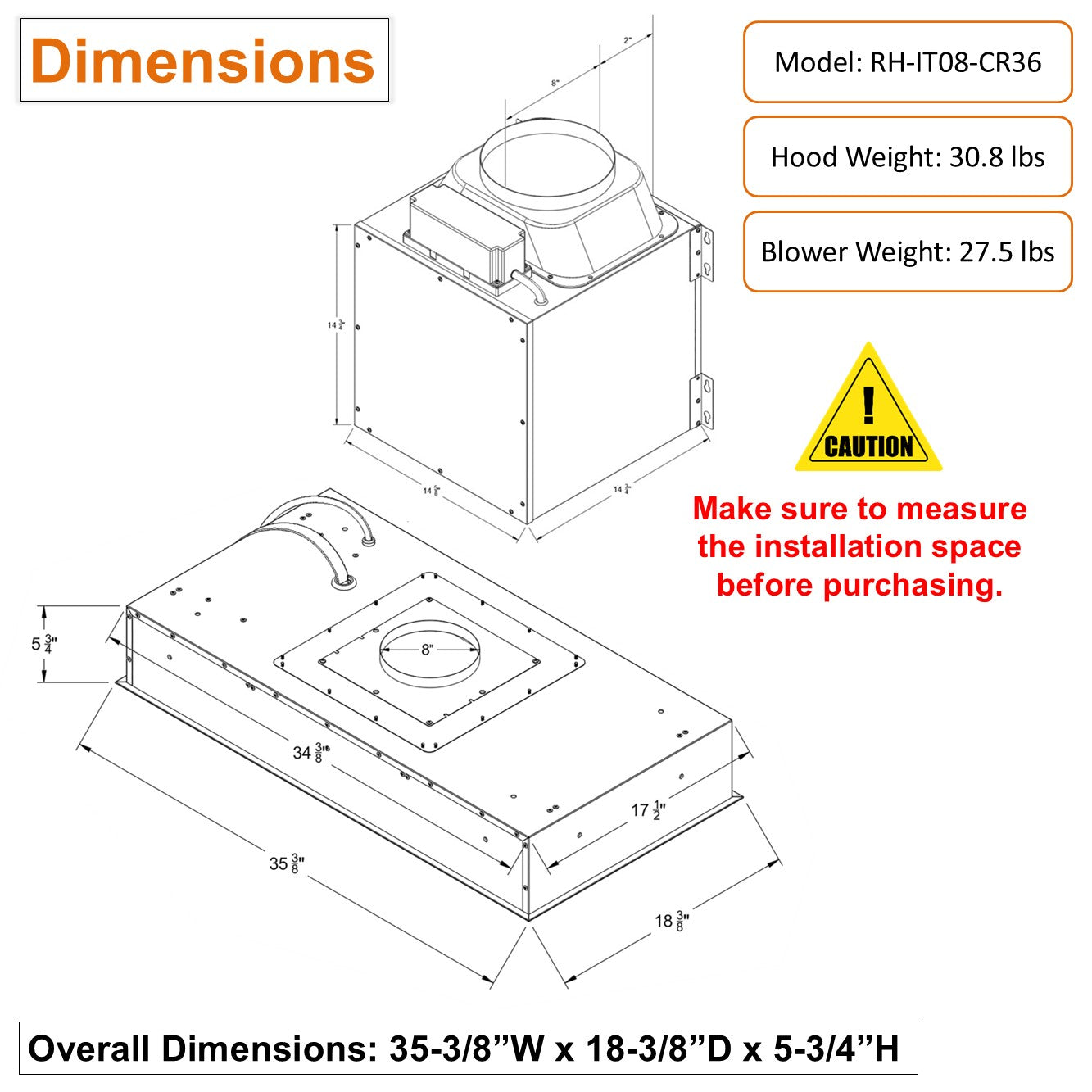 AWOCO  RH-IT08-CR Ceiling Mount Range Hood  Split Insert - 1000 CFM & 8" Vent - RH-IT08-CR30