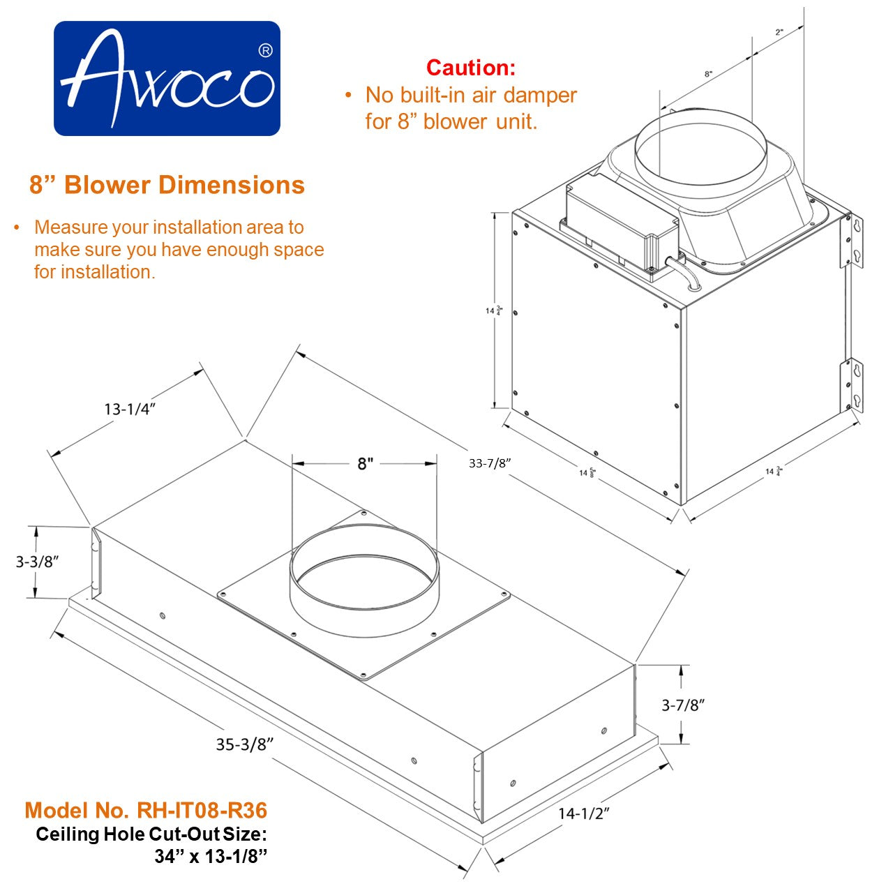 AWOCO RH-IT08-R Ceiling Mount Range Hood Baffle Filters - Split Insert - 1000 CFM & 8" Vent - RH-IT08-R30-COLD