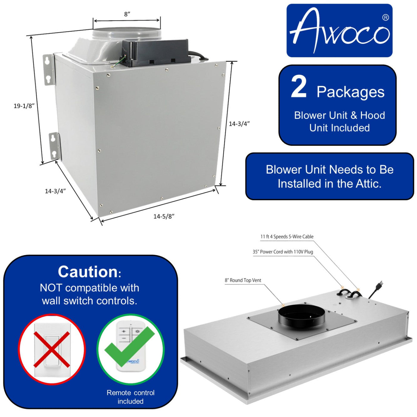 AWOCO RH-IT08-R Ceiling Mount Range Hood Baffle Filters - Split Insert - 1000 CFM & 8" Vent - RH-IT08-R30-COLD