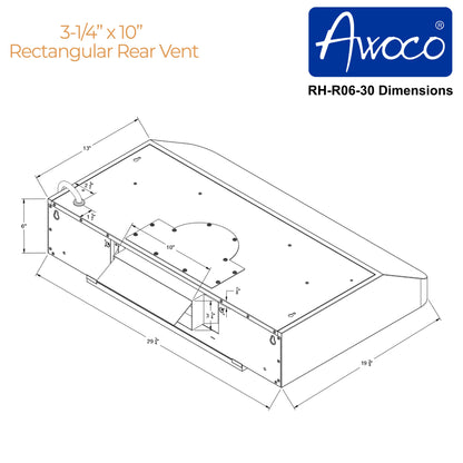 AWOCO RH-R06 under cabinet range hood - Rectangle Rear Vent - 900 CFM - RH-R06-30-COLD