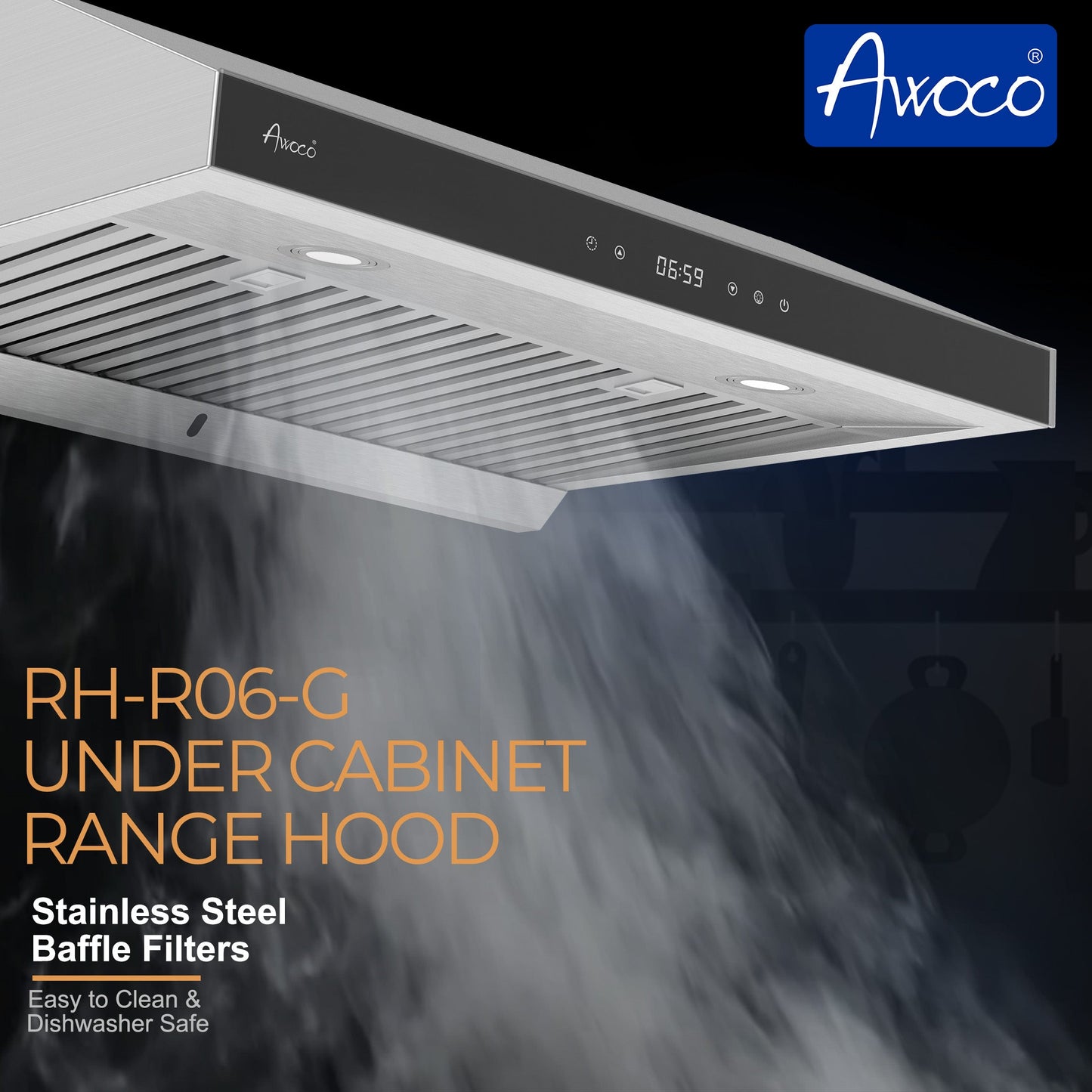 AWOCO  RH-R06-G Under Cabinet Range Hood - Tempered Glass Panel - 900 CFM - RH-R06-G30