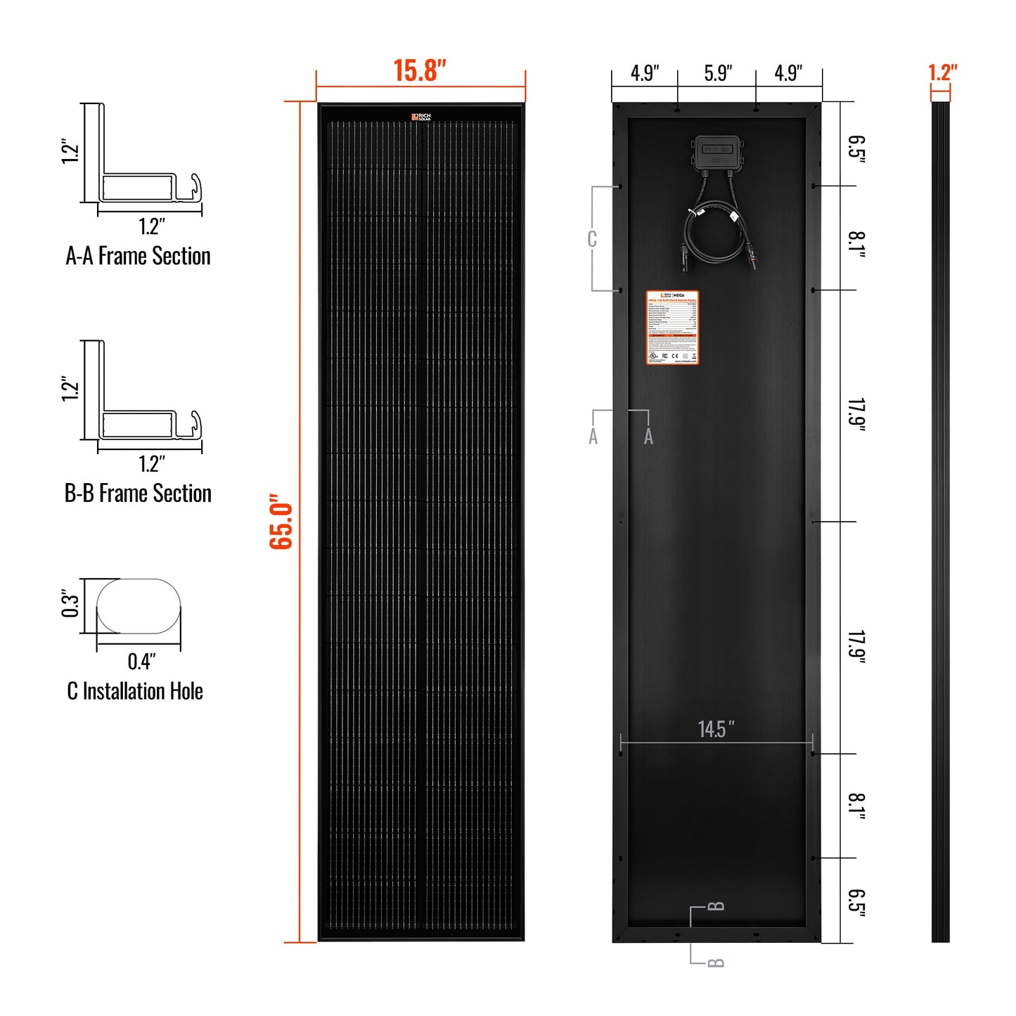 Rich Solar 130 SLIM ONYX | 130 Watt Slim Solar Panel | Compact 12V Narrow Panel for Vans, Campers, Boats   - RS-M130SLB