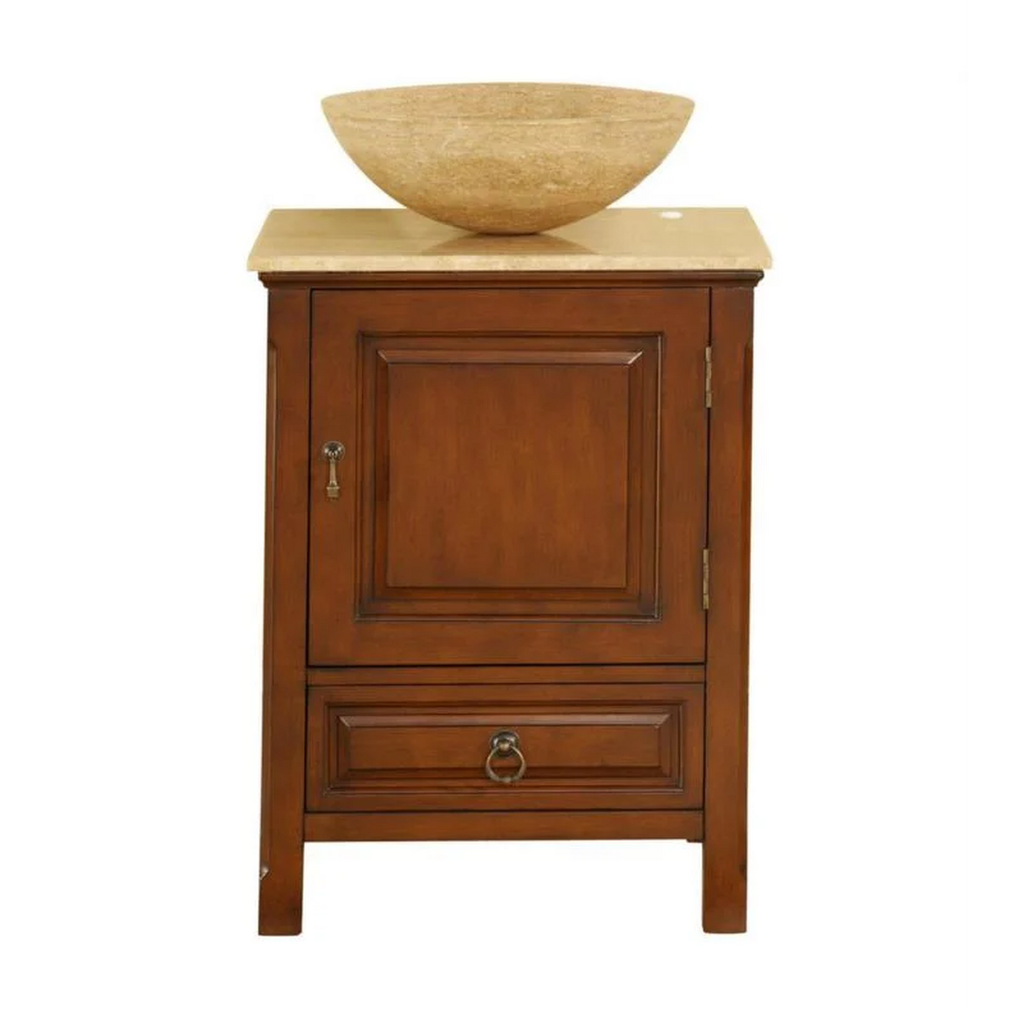 Silkroad Exclusive 22" Single Sink American Chestnut Bathroom Vanity With Travertine Countertop and Travertine Round Vessel Sink - HYP-0158-T-22_S29B