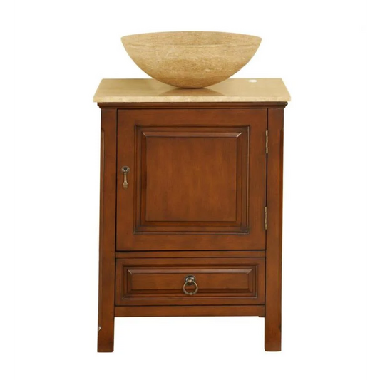 Silkroad Exclusive 22" Single Sink American Chestnut Bathroom Vanity With Travertine Countertop and Travertine Round Vessel Sink - HYP-0158-T-22_S29B