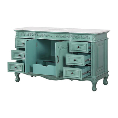Silkroad Exclusive 60" Single Sink Vintage Green Bathroom Vanity With Carrara White Marble Countertop and White Ceramic Undermount Sink - V0299NW60C