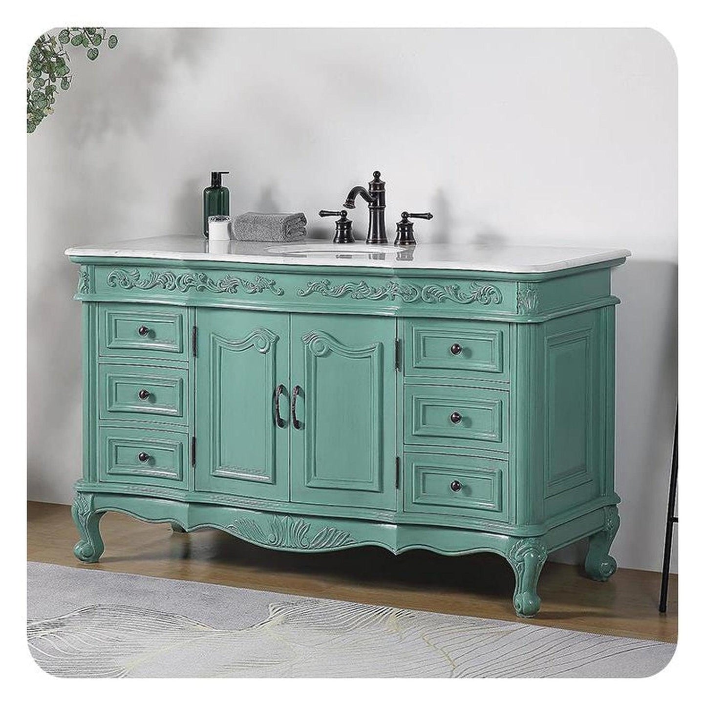Silkroad Exclusive 60" Single Sink Vintage Green Bathroom Vanity With Carrara White Marble Countertop and White Ceramic Undermount Sink - V0299NW60C