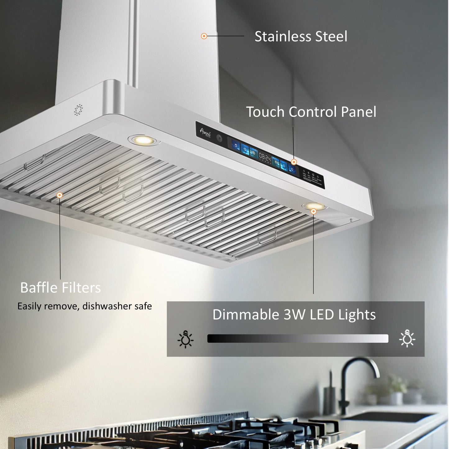Awoco RH-WT-V Wall Mount Range Hood - 800CFM - Voice & Gesture -  Adjustable Chimney, With 6” Blower Unit - RH-WT-V30+RH-SP06-BLW
