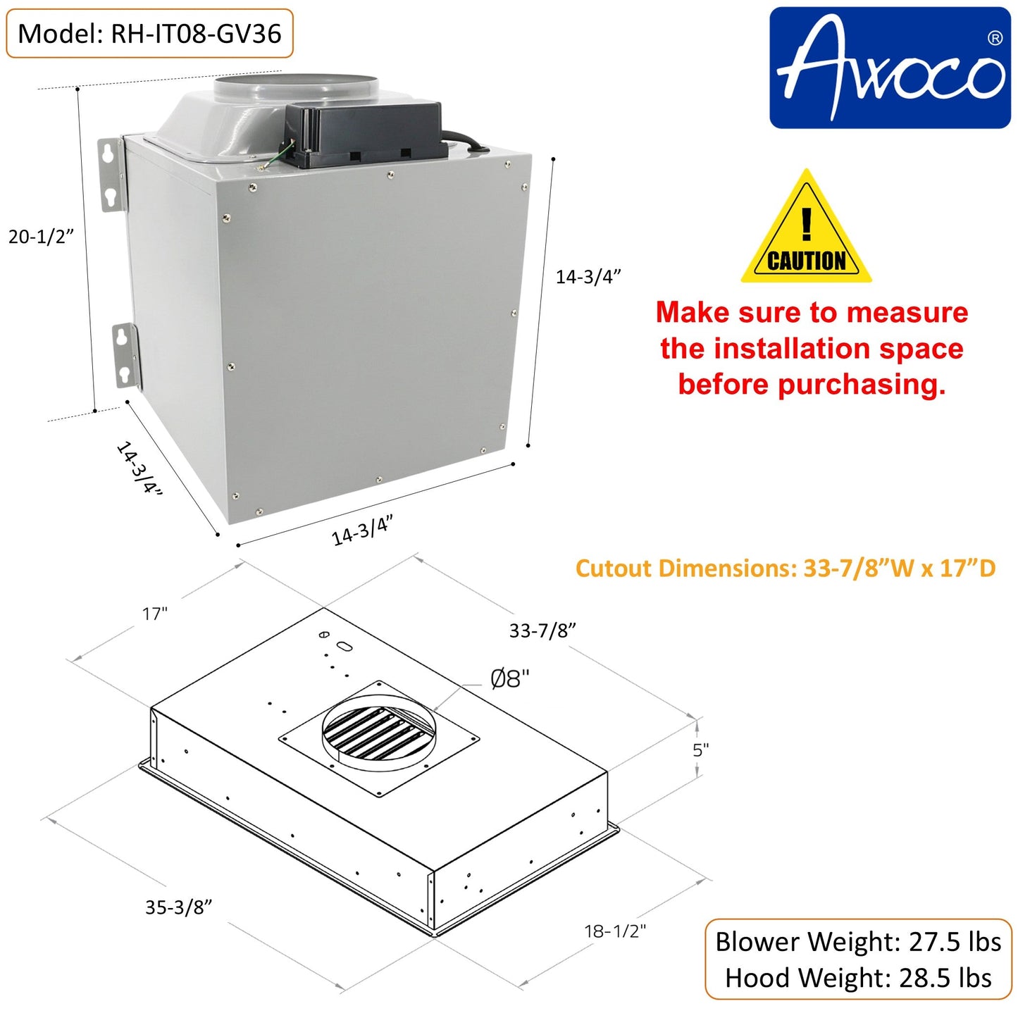 AWOCO  RH-IT08-GV Ceiling Mount Range Hood - Split Insert - Voice & Gesture - AWC-RH-IT08-GV30