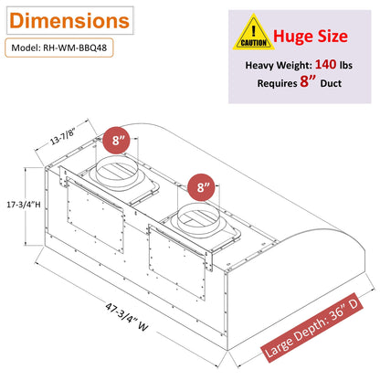 Awoco 48" Outdoor BBQ Vent Hood 18" High Type 304 Stainless Steel, 4 Speeds 2000 CFM, Dual Blowers, Adjustable LED Lights, 8” Round Top Vent - AWC-RH-WM-BBQ48