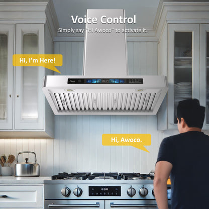 AWOCO RH-WT-V Wall Mount Range Hood - 800CFM - Voice & Gesture - Adjustable Chimney - RH-WT-V30