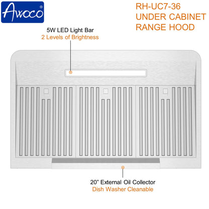 AWOCO RH-UC7-36 Under Cabinet Range Hood Stainless Steel Gesture Control - RH-UC7-36-6