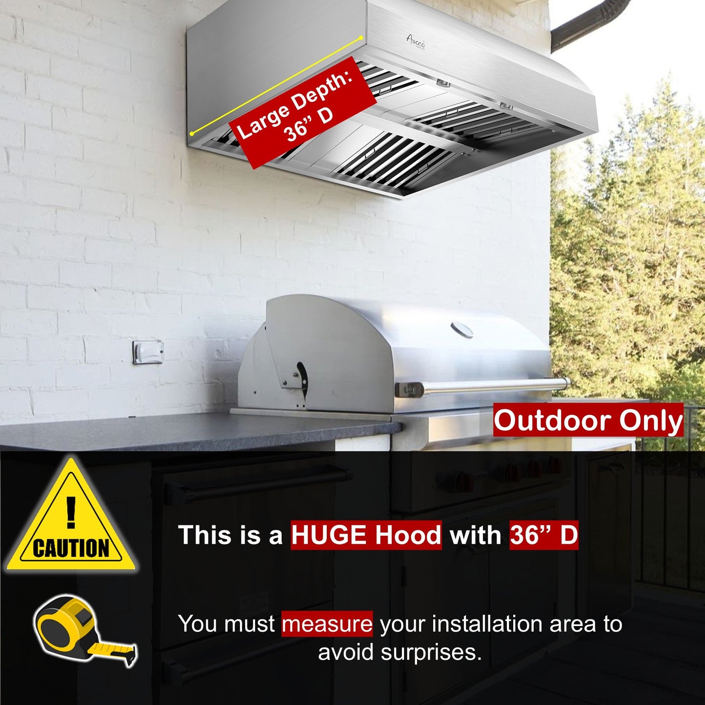 Awoco 36" Outdoor BBQ Vent Hood 18" High Type 304 Stainless Steel, 4 Speeds 1000 CFM, Adjustable LED Lights, 8” Round Top Vent - AWC-RH-WM-BBQ36