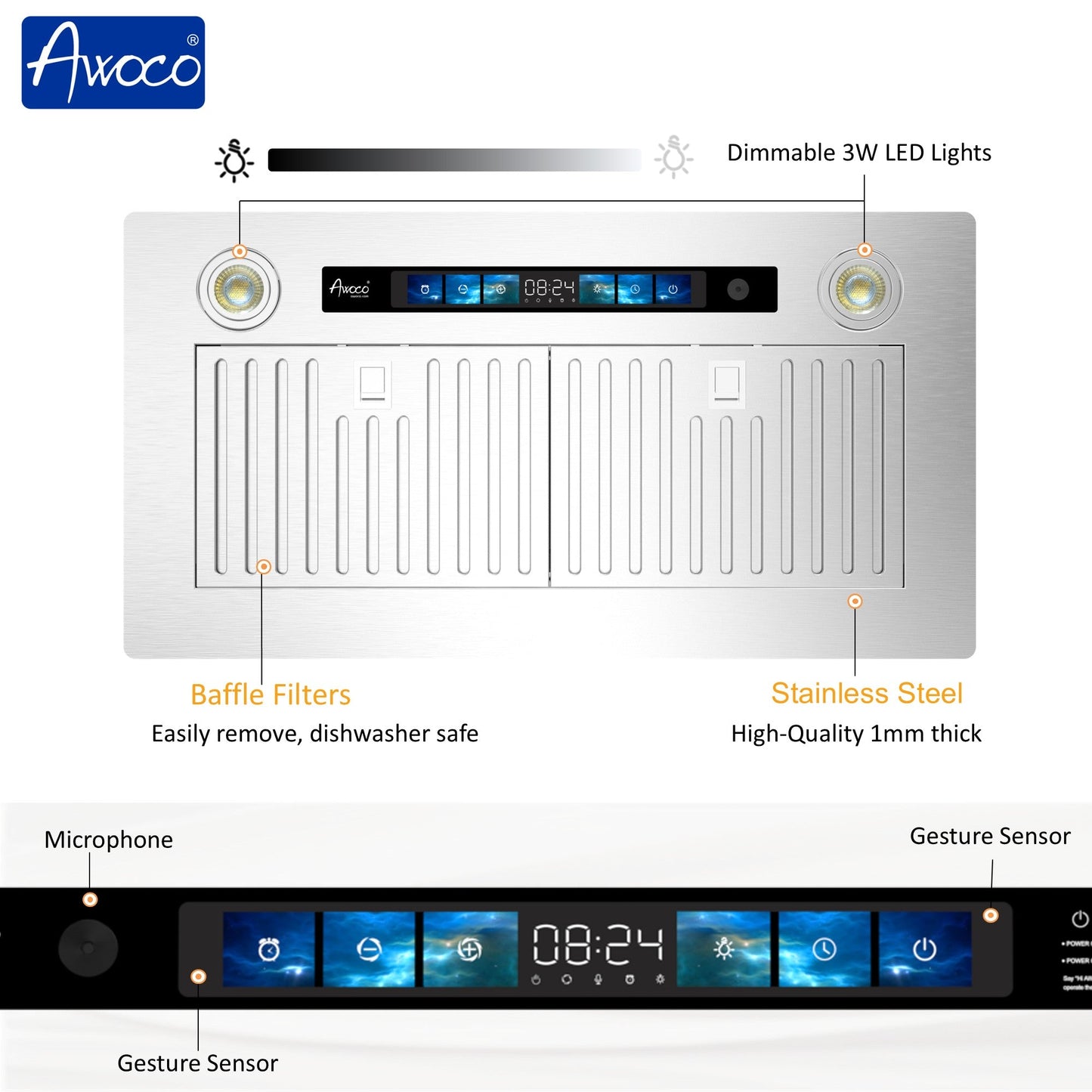 AWOCO  RH-IT06-V Ceiling Mount Range Hood - Split Insert - 800CFM - 6" Blower - RH-IT06-V30-COLD
