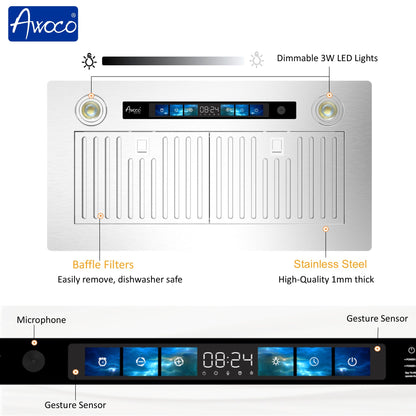 Awoco RH-IT-V Ceiling Mount 14-1/2”D Voice Control Insert Range Hood - No Blower - RH-IT06-V30-Hood
