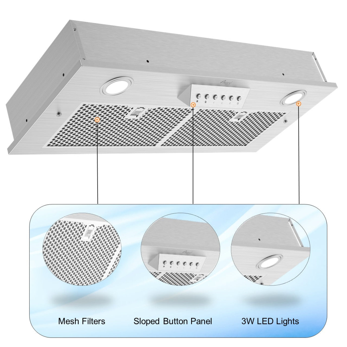 Awoco RH-IT08 11-3/4"D Super Quiet Split Insert Stainless Steel Range Hood, 4 Speeds with a 8” Blower Unit, 1000CFM, Mesh Filters, LED Lights - RH-IT08-30-COLD