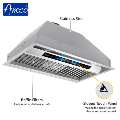 AWOCO RH-BQ-XV+8BLW Split Quiet Range Hood Insert Voice & Gesture Control 1000 CFM With 8” Blower Unit - RH-BQ-XV30+RH-SP08-BLW