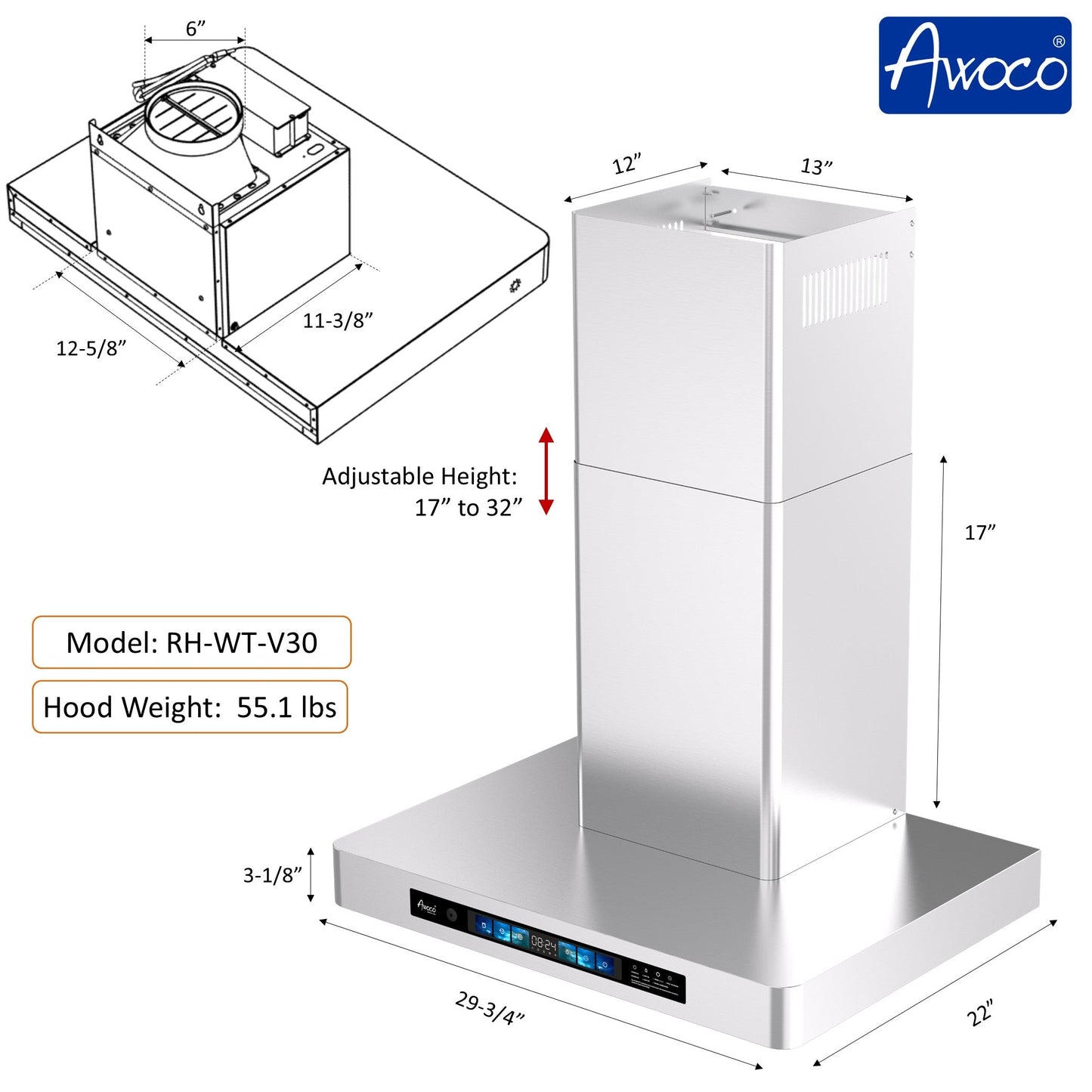 Awoco RH-WT-V Wall Mount Range Hood - 800CFM - Voice & Gesture -  Adjustable Chimney, With 6” Blower Unit - RH-WT-V30+RH-SP06-BLW