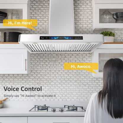 Awoco RH-WT-V Wall Mount Range Hood - 800CFM - Voice & Gesture -  Adjustable Chimney, With 6” Blower Unit - RH-WT-V30+RH-SP06-BLW