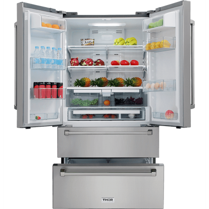 Thor Kitchen Appliance Package - 36 in. Natural Gas Range, Range Hood, Microwave Drawer, Refrigerator, Dishwasher, AP-LRG3601U-7