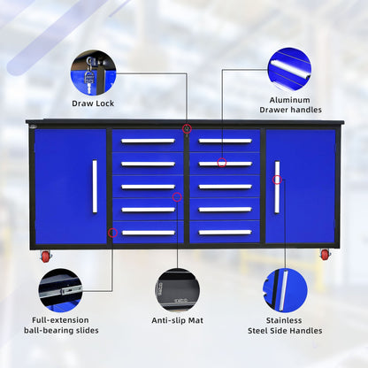 7ft 10-drawer Storage Workbench with Wheels