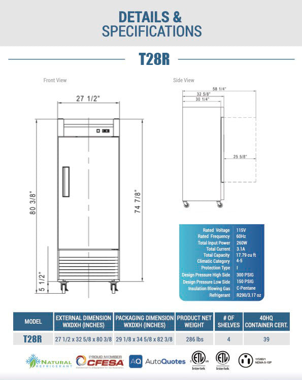 Chef AAA - T28R Commercial 27" Reach-In Refrigerator Solid 1 Door 17.7 cu.ft. - T28R