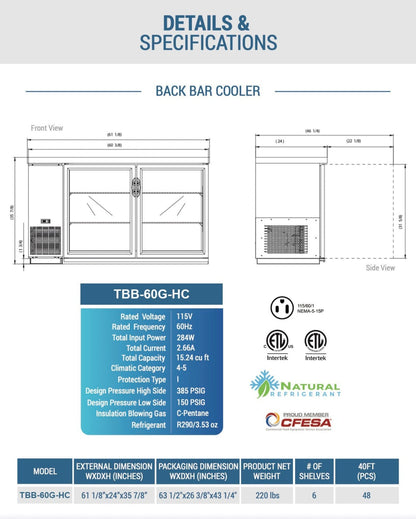 Chef AAA - TBB-60G-HC, Commercial 61" Glass Door Back Bar Refrigerator 15.2 cu.ft. - TBB-60G-HC