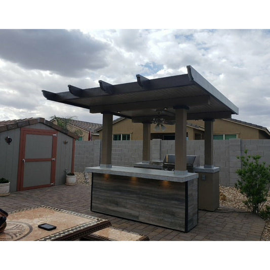 KoKoMo BBQ Island with Pergola 4 Burner BBQ Grill Wood Siding and Fan - Baja-Wood-Siding-Top