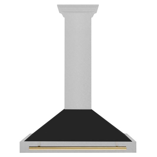 ZLINE KITCHEN AND BATH KB4SNZBLM36G ZLINE Autograph Edition 36 in. Convertible Satin in Stainless Steel Wall Mount Range Hood with Black Matte Shell and Polished Gold Handle (KB4SNZ-BLM36-G) - KB4SNZBLM36G