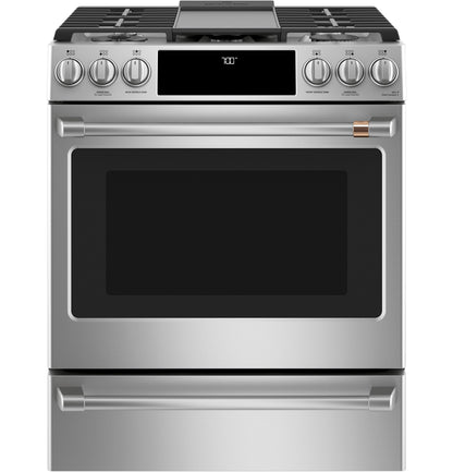 CAFE 30" Smart Slide-In, Front-Control, Gas Range with Convection Oven in Stainless Steel - CGS700P2MS1
