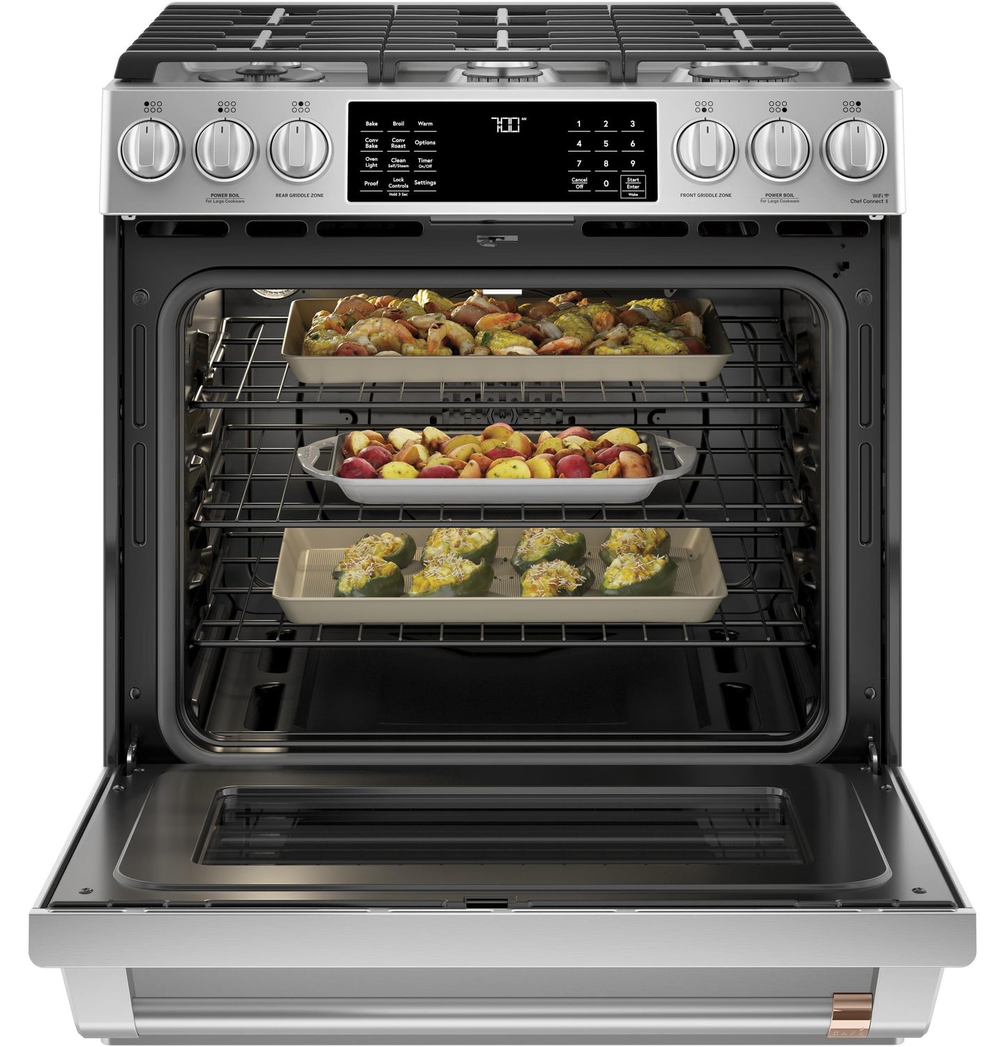 CAFE 30" Smart Slide-In, Front-Control, Gas Range with Convection Oven in Stainless Steel - CGS700P2MS1