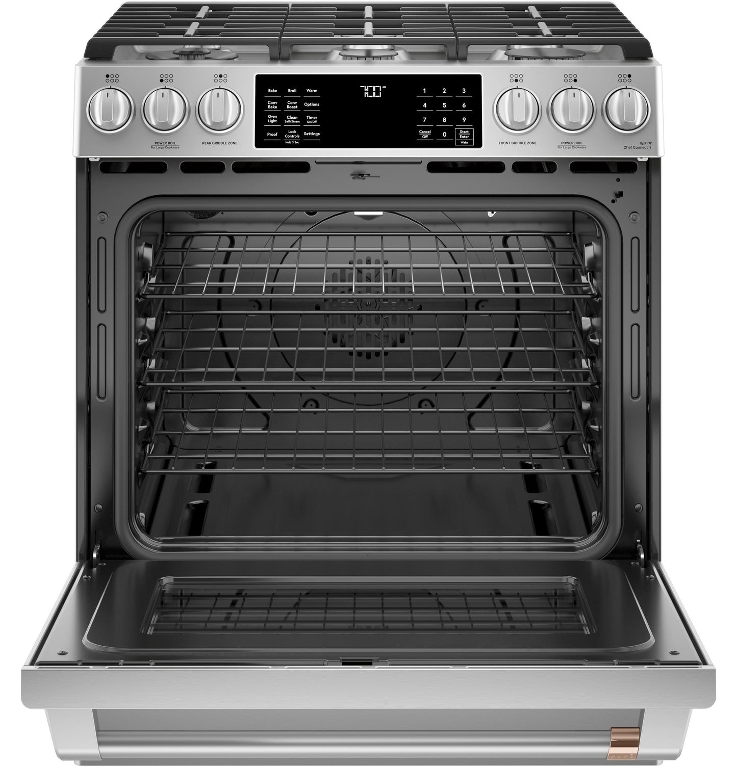 CAFE 30" Smart Slide-In, Front-Control, Gas Range with Convection Oven in Stainless Steel - CGS700P2MS1