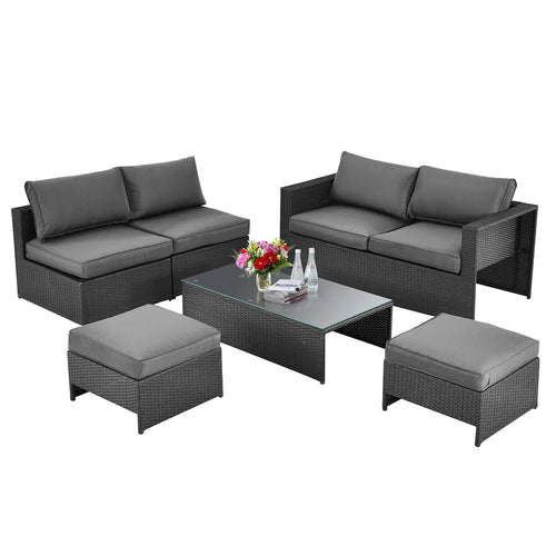 Tangkula 6 Pieces Patio Rattan Furniture Set, Patiojoy No Assembly Outdoor Conversation Set - NP10110WL-GR