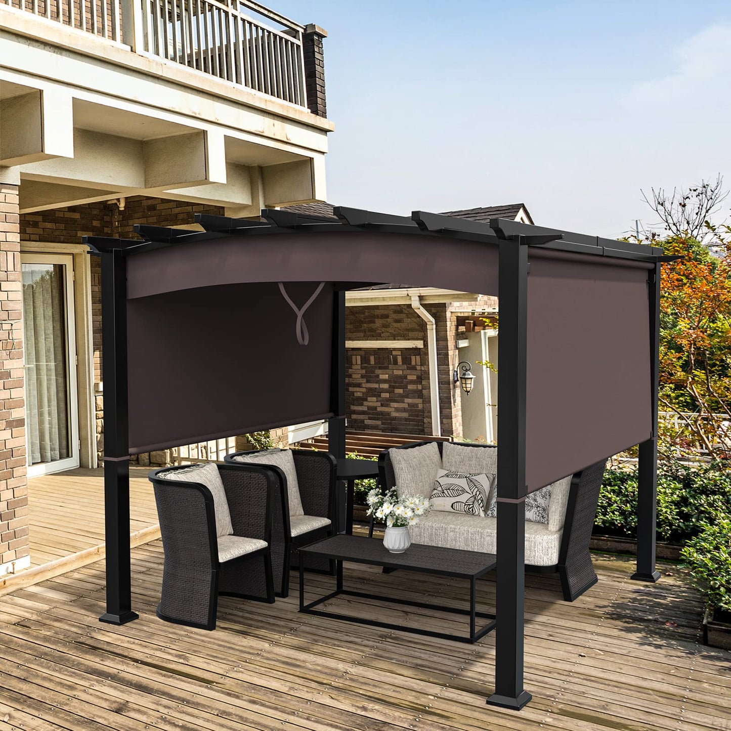 Tangkula 10ft x 10ft Outdoor Retractable Pergola, Patio Metal Pergola with Adjustable Sliding Sun Shade Canopy - NP10096WL-CF