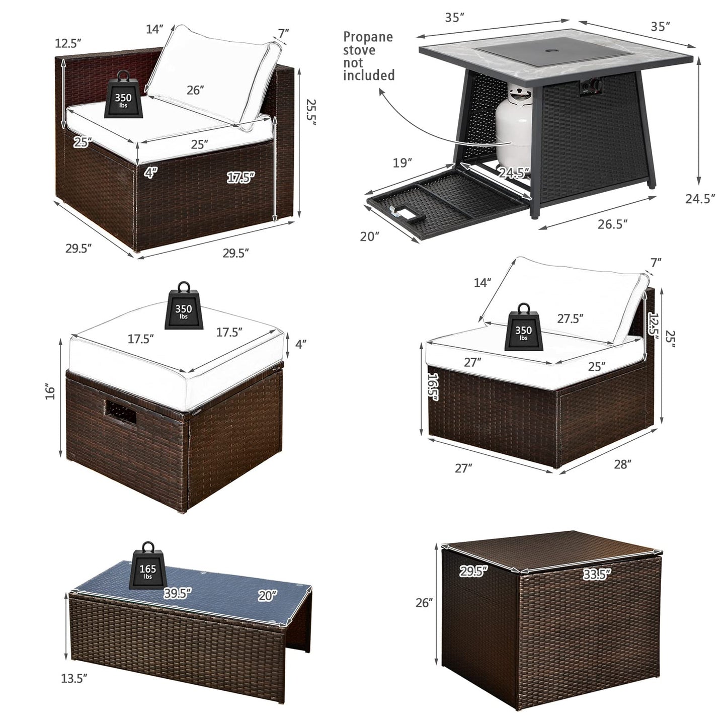 Tangkula 9 Pieces Outdoor Patio Furniture Set with 35-Inch Propane Fire Pit Table - NP10262DK+HW68592DK+