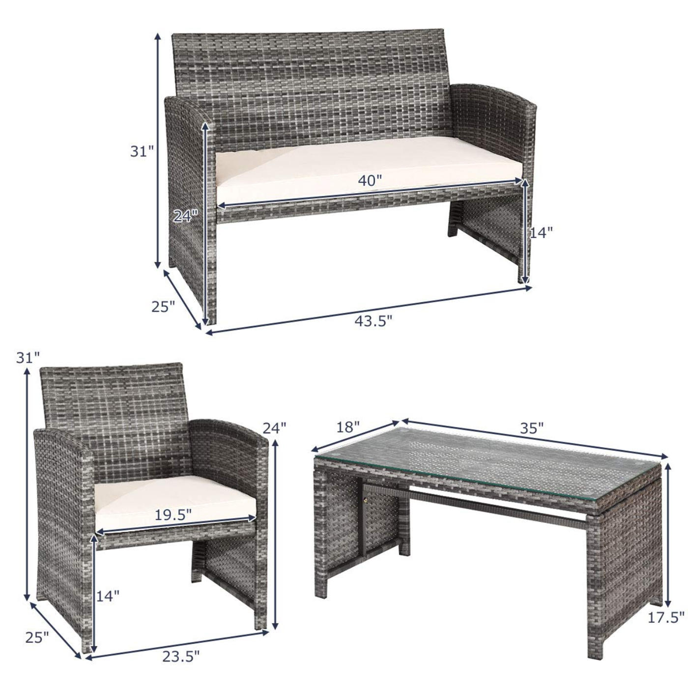 Tangkula 4/8 PCS Wicker Patio Conversation Set, Outdoor Rattan Sofas with Table Set - HW63238WH