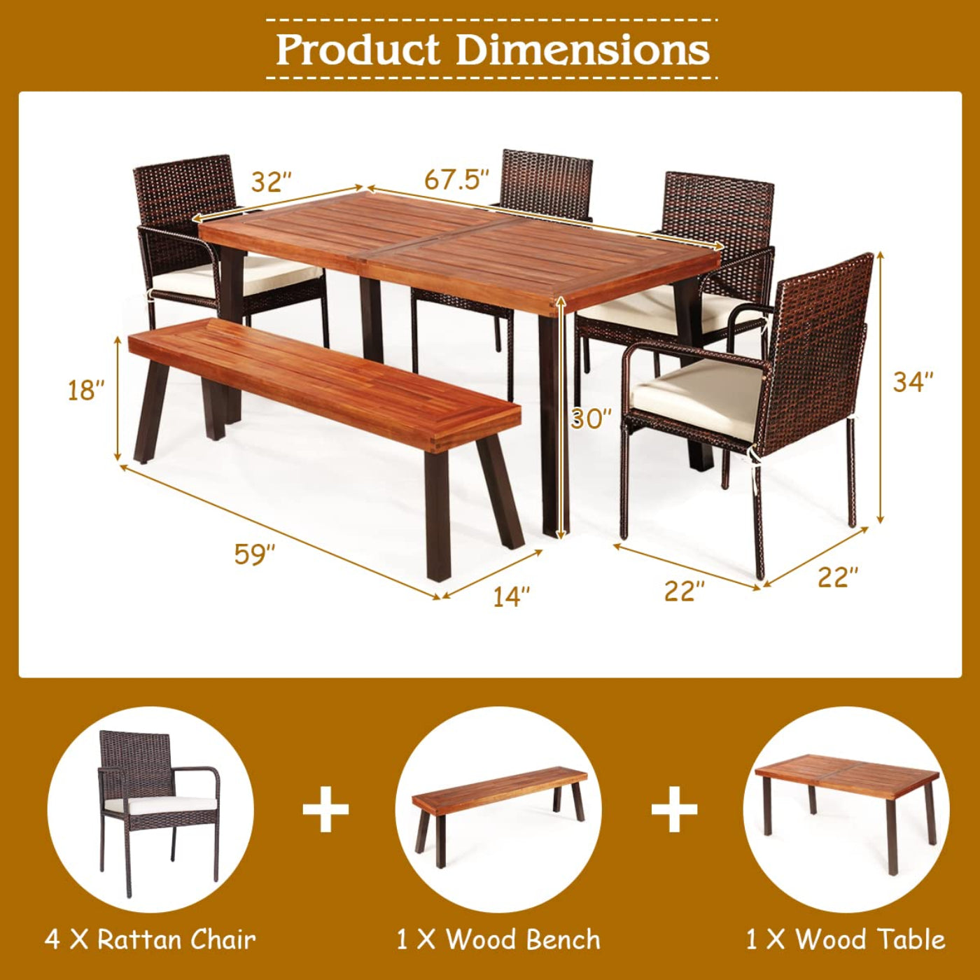 Tangkula 6-Piece Acacia Wood Patio Dining Set, Patiojoy Outdoor Wicker Furniture Set - JV10606+HW66354+HW69382