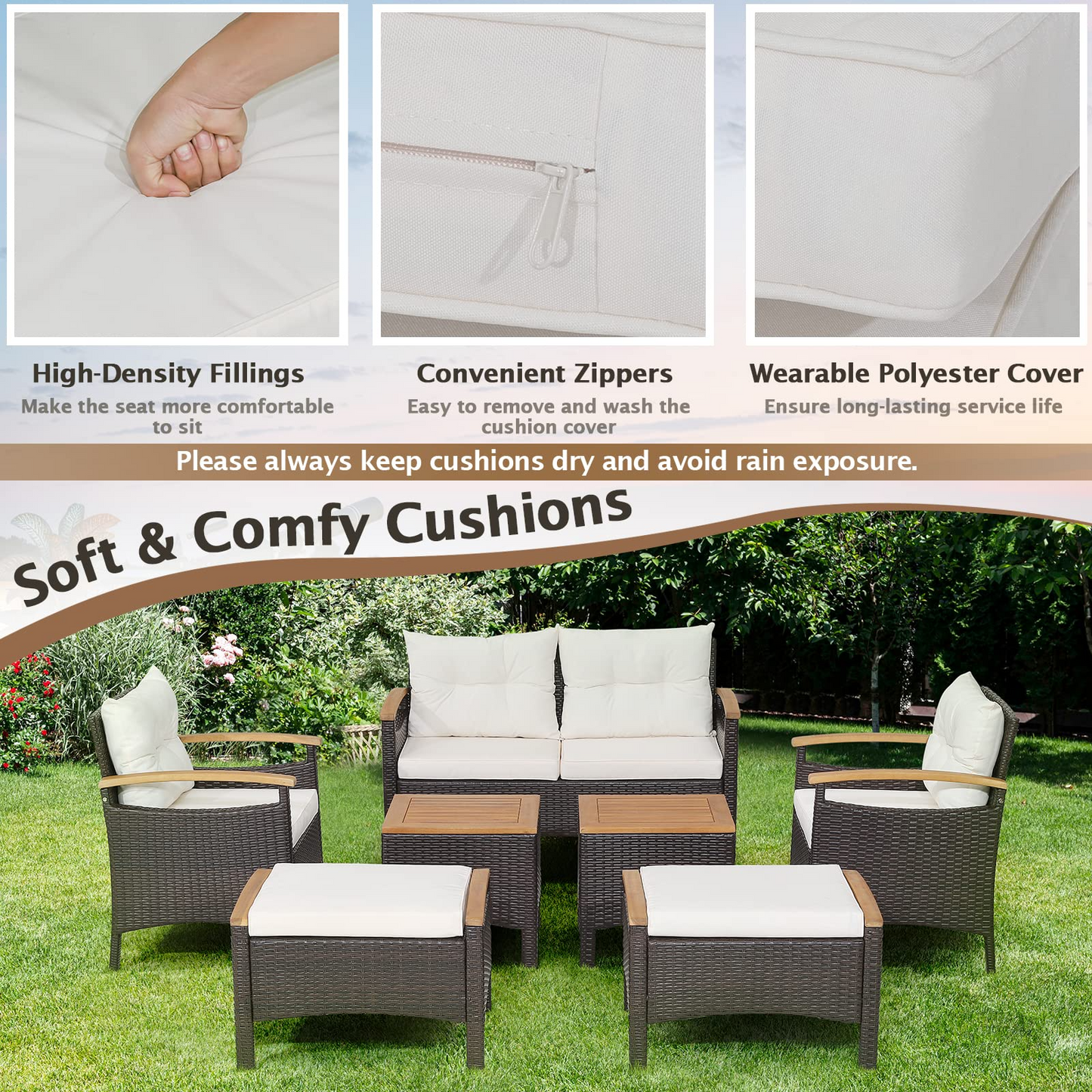 Tangkula 7 Pieces Patio Rattan Sofa Set, Outdoor Wicker Conversation Set - HW70450+